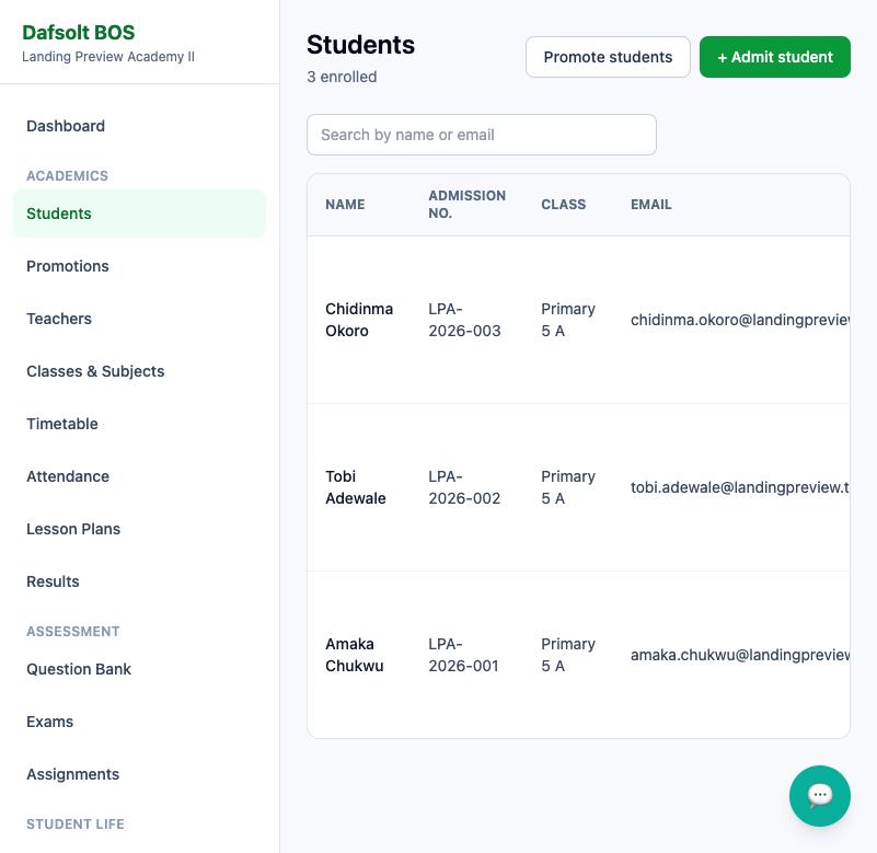 A real Dafsolt BOS for School student roster showing names, admission numbers and classes