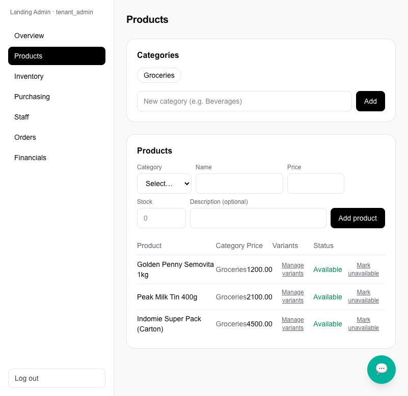 A real Dafsolt BOS for Trade product list showing names, prices and stock